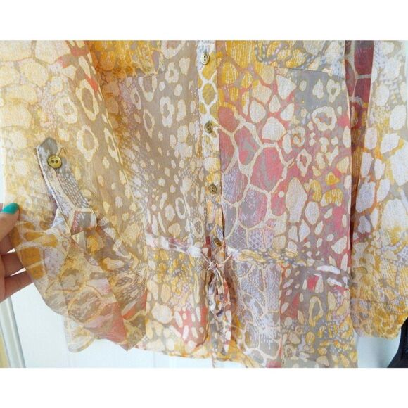 Lark Lane Orange Sheer Geometric Button Down Roll Tab Sleeve Shirt 12 - Picture 6 of 7